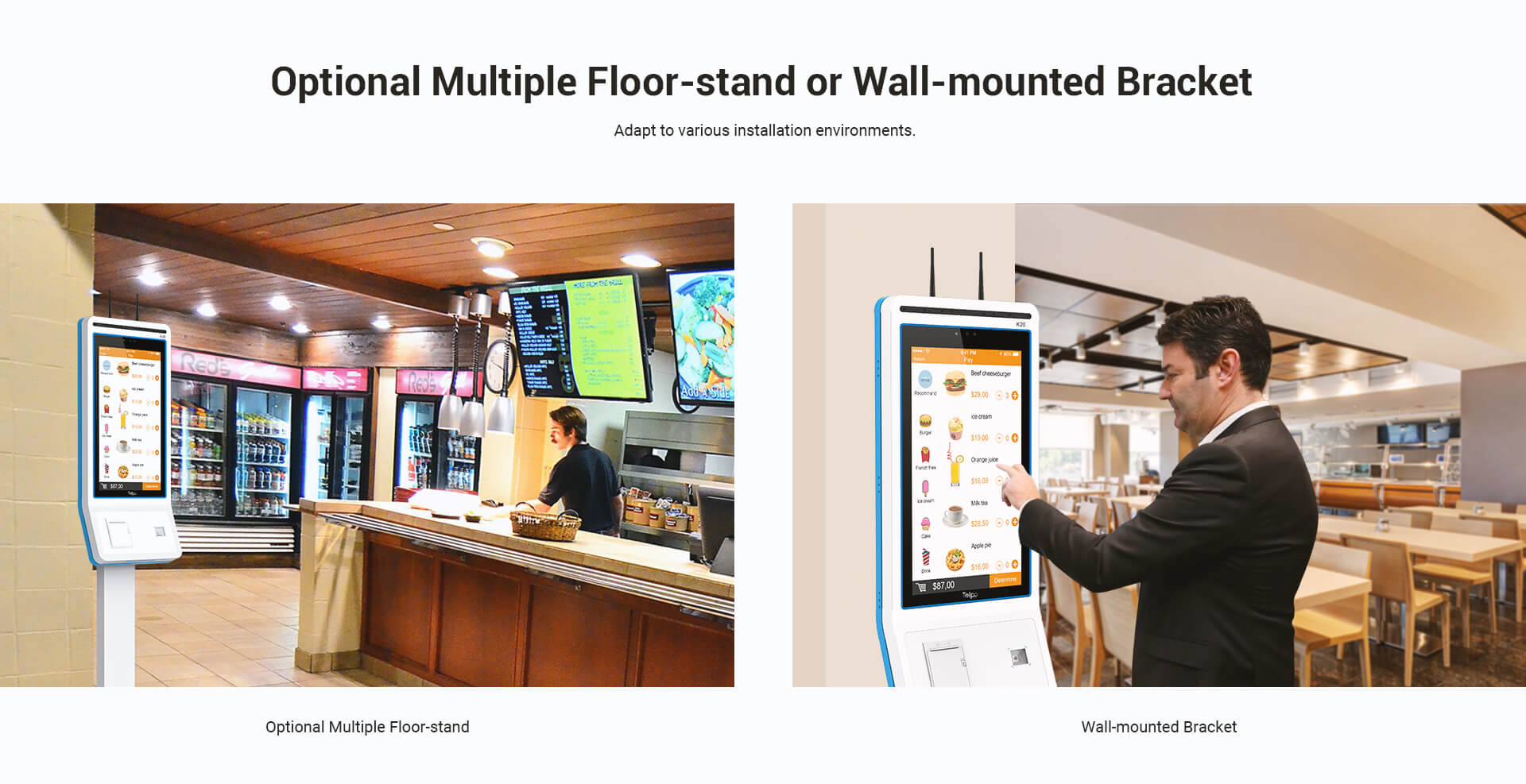 Optional Multiple Floor-stand or Wall-mounted Bracket self service kiosk machine K20 telpo