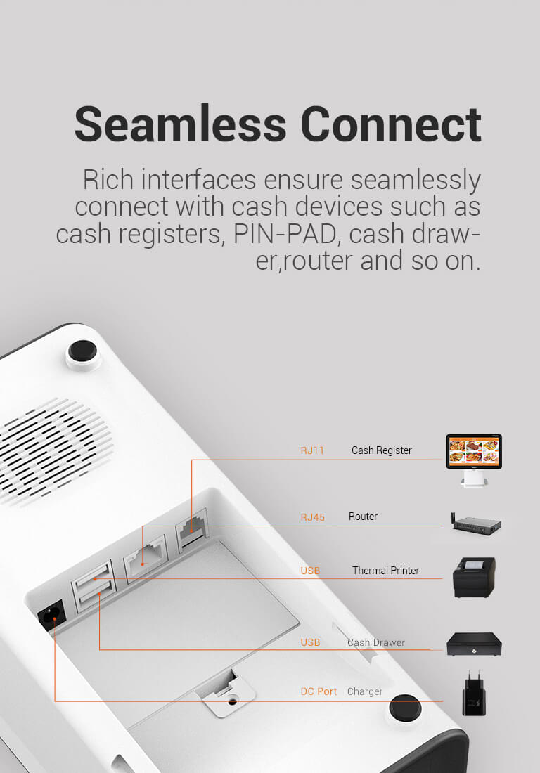 TPS508 QR code POS scanner can link with cash register, cash drawer, ic card reader