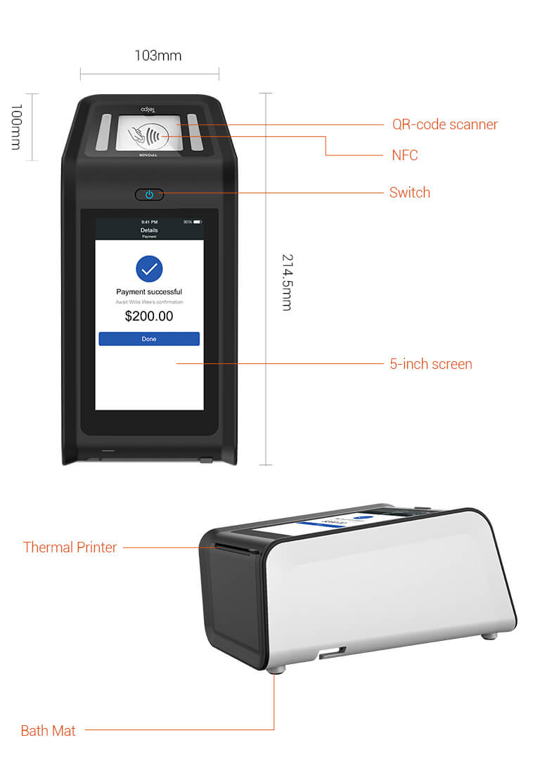 Size of TPS508 QR code POS scanner