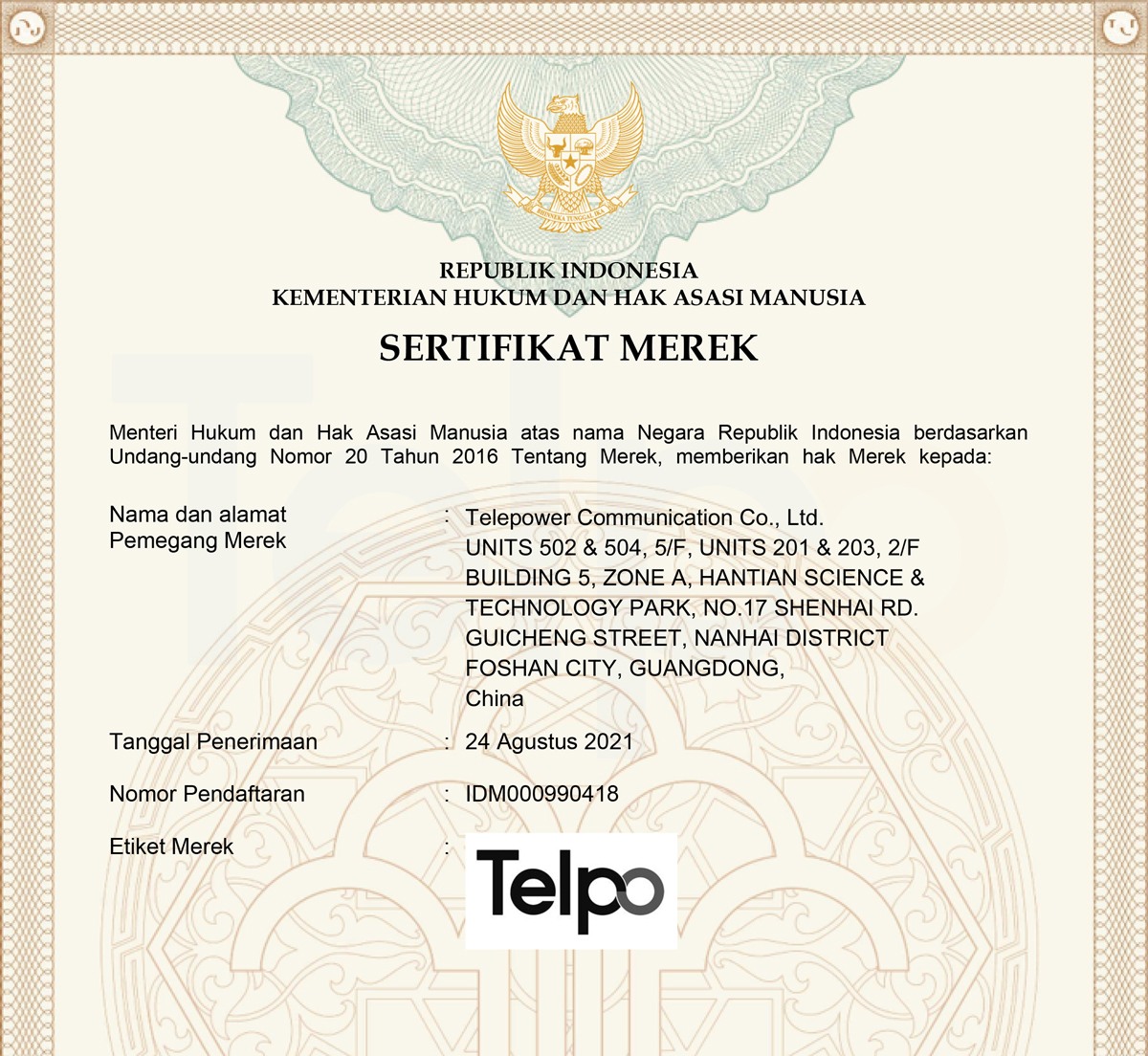 Telpo Indonesian trademark