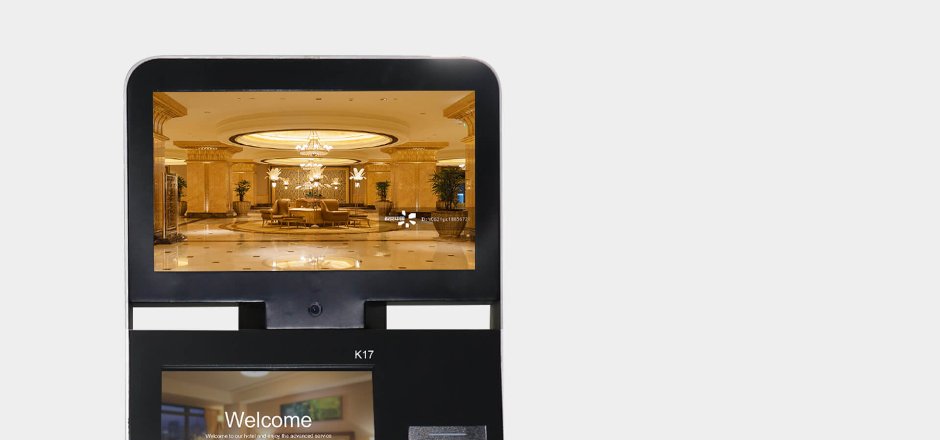 dual screen hotel kiosk terminal with advertisement