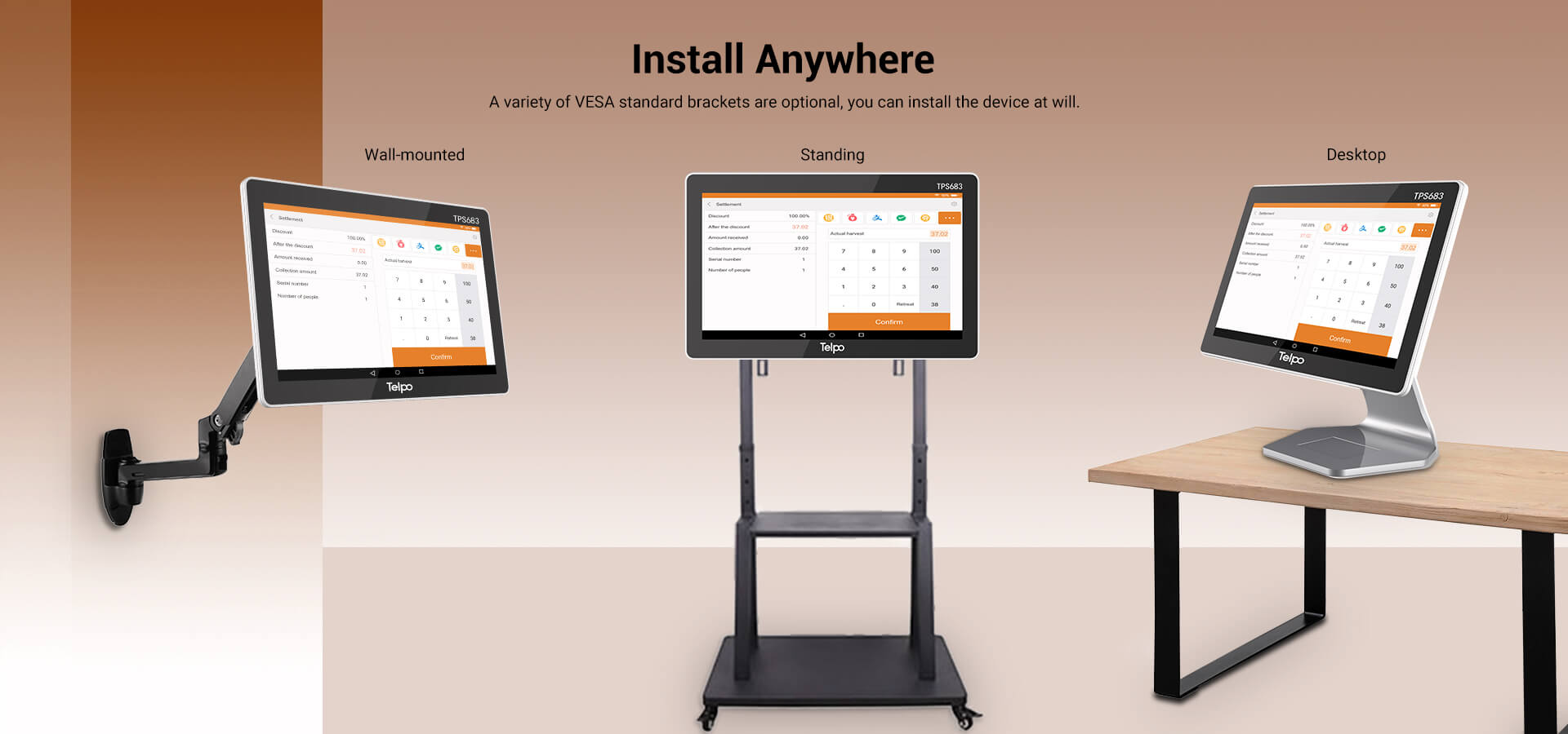Telpo TPS683 can be used as Desktop POS, Wall-mounted pos, kitchen display wiht Arm, Standing touch screen monitor 