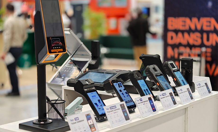 Telpo ticket validator and smart payment terminal displayed at ID4Africa 2026 for transit and financial service deployments