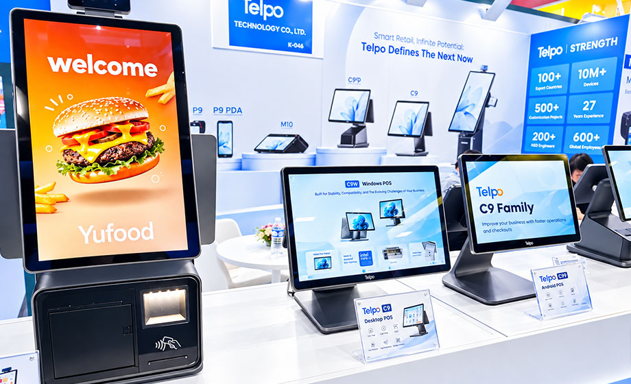 Telpo cash register machine exhibited at NRF Europe 2026 retail technology event