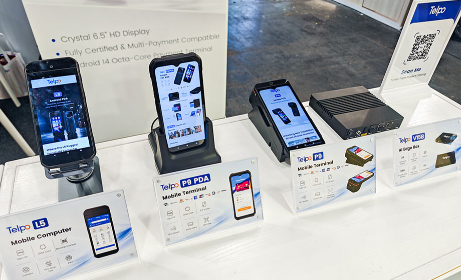 Telpo handheld POS terminal on display at NRF Europe 2026 smart retail exhibition