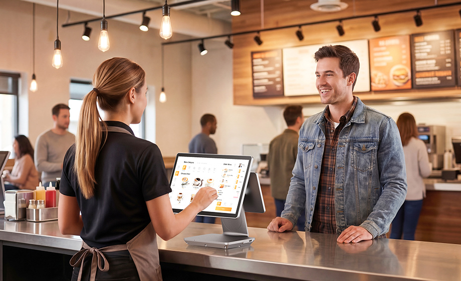 Restaurant-staff-using-a-Telpo-C9-touchscreen-cashier-machine-for-customer-order-processing