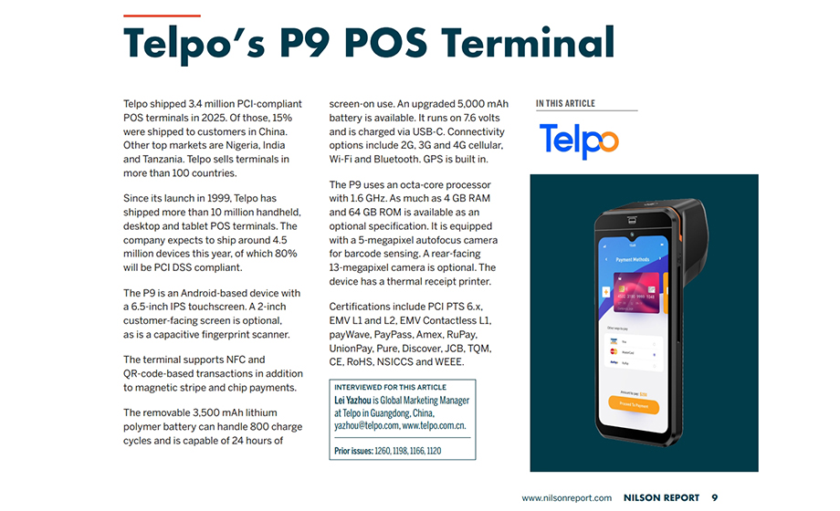 Telpo-P9-handheld-EFTPOS-machine-is-posted-in-Nilson-Report-1313